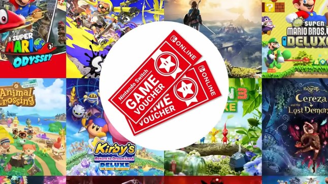 Nintendo Switch Game Vouchers graphic over multiple video games