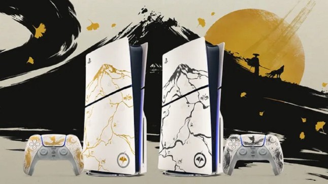Two Ghost of Yotei themed PS5 consoles and controllers stood next to each other in front of black ink drawing of a mountain